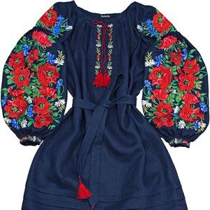 Ukrainian Embroidered Short Navy Dress - XXL